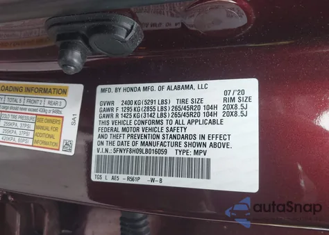 2020 Honda Passport Awd Elite из США, поврежденный, VIN 5FNYF8H09LB016059